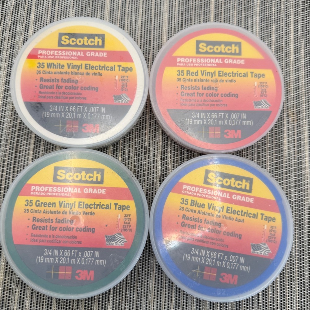 Scotch 35 Vinyl Electrical Tape 4 Pack Red White Blue Green 3/4 in x 66 ft 3M